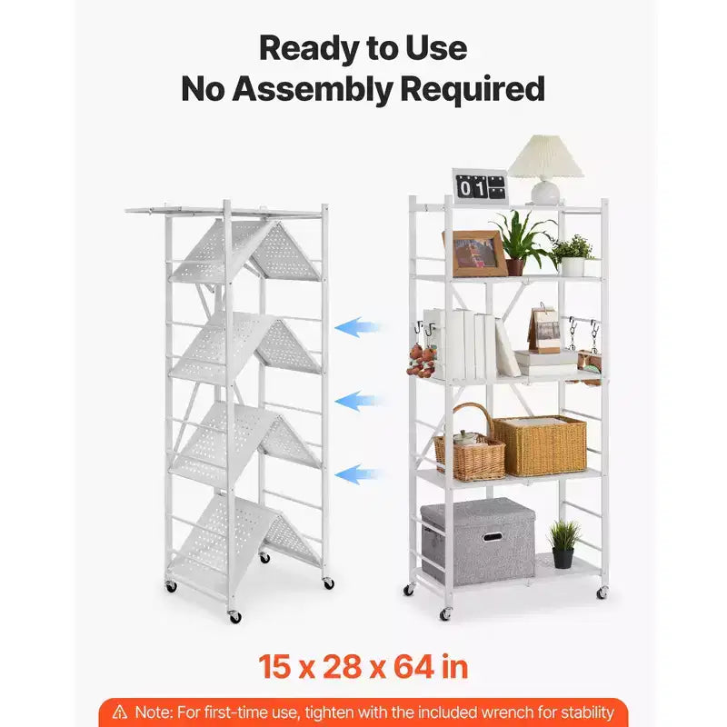 VEVOR Scaffale portaoggetti pieghevole a 5 ripiani, unità di scaffalatura pieghevole in metallo da 71 x 38 x 163 cm (L x P x A), scaffale organizer senza montaggio con 5 ruote e 4 ganci, bianco
