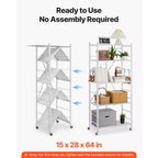 VEVOR Scaffale portaoggetti pieghevole a 5 ripiani, unità di scaffalatura pieghevole in metallo da 71 x 38 x 163 cm (L x P x A), scaffale organizer senza montaggio con 5 ruote e 4 ganci, bianco