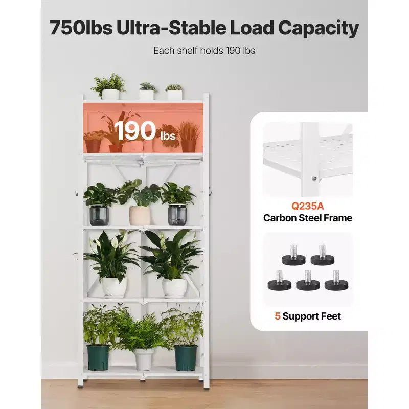 VEVOR Scaffale portaoggetti pieghevole a 5 ripiani, unità di scaffalatura pieghevole in metallo da 71 x 38 x 163 cm (L x P x A), scaffale organizer senza montaggio con 5 ruote e 4 ganci, bianco
