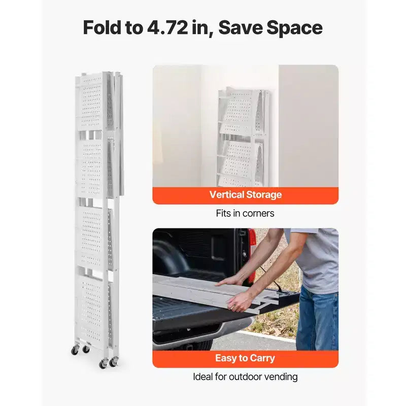 VEVOR Scaffale portaoggetti pieghevole a 5 ripiani, unità di scaffalatura pieghevole in metallo da 71 x 38 x 163 cm (L x P x A), scaffale organizer senza montaggio con 5 ruote e 4 ganci, bianco