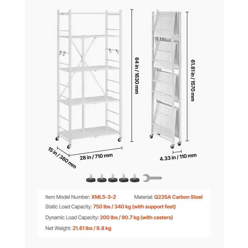 VEVOR Scaffale portaoggetti pieghevole a 5 ripiani, unità di scaffalatura pieghevole in metallo da 71 x 38 x 163 cm (L x P x A), scaffale organizer senza montaggio con 5 ruote e 4 ganci, bianco