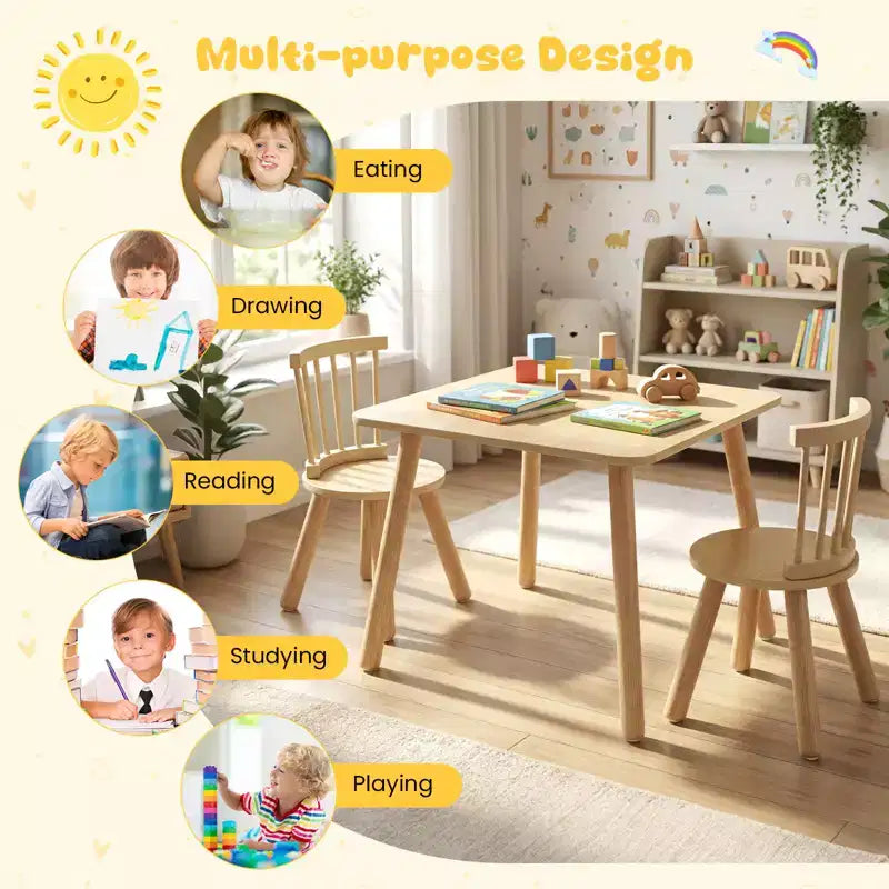 Costway Set 3 Mobili per Bambini con Struttura in Legno di Pino, Schienale Curvo e Sedili Rotondi per Giocare