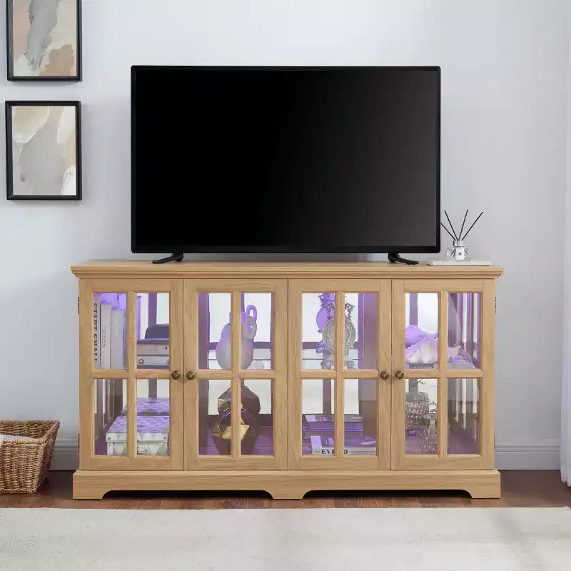 LED Antique Display Cabinet with Glass Doors, Adjustable Shelves, and Remote Control for Vintage Showcase