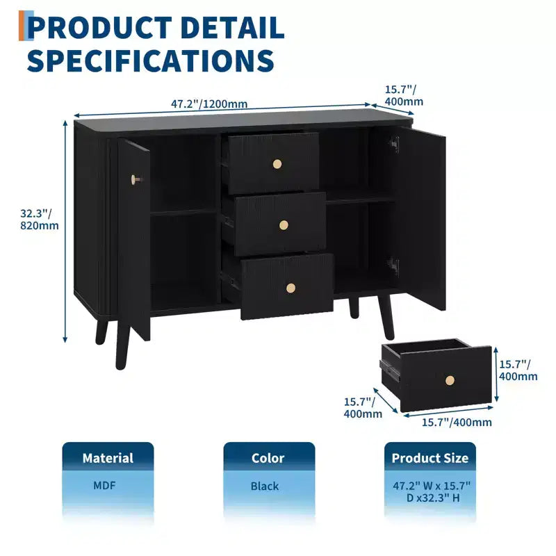 Mobile credenza buffet scanalato da 47,2 W, 3 cassetti, 2 ante e 2 ripiani regolabili, porta TV moderno di metà secolo per soggiorno
