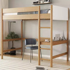 Bellemave Twin Loft Bed with Desk, Teddy Boucle Upholstered Headboard & Footboard, Rubberwood Frame, Ladder & Safety Guardrails, Natural