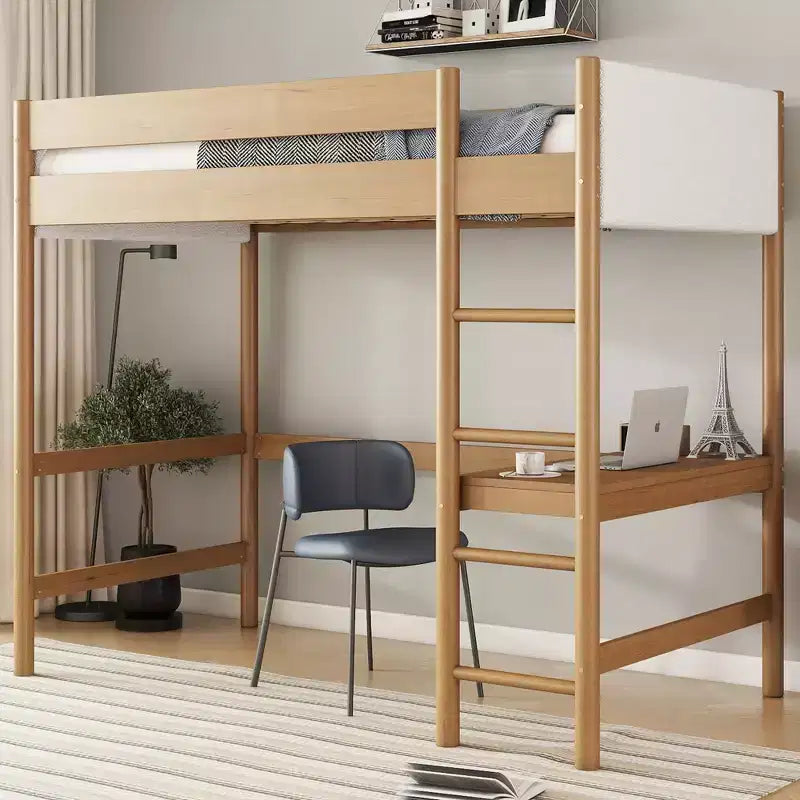 Bellemave Twin Loft Bed with Desk, Teddy Boucle Upholstered Headboard & Footboard, Rubberwood Frame, Ladder & Safety Guardrails, Natural