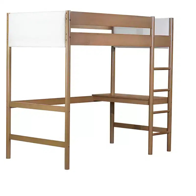 Letto a soppalco singolo Bellemave con scrivania, testiera e pediera imbottite in boucle Teddy, struttura in legno di gomma, scaletta e sponde di sicurezza, colore naturale