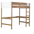 Letto a soppalco singolo Bellemave con scrivania, testiera e pediera imbottite in boucle Teddy, struttura in legno di gomma, scaletta e sponde di sicurezza, colore naturale