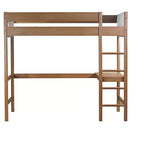 Letto a soppalco singolo Bellemave con scrivania, testiera e pediera imbottite in boucle Teddy, struttura in legno di gomma, scaletta e sponde di sicurezza, colore naturale