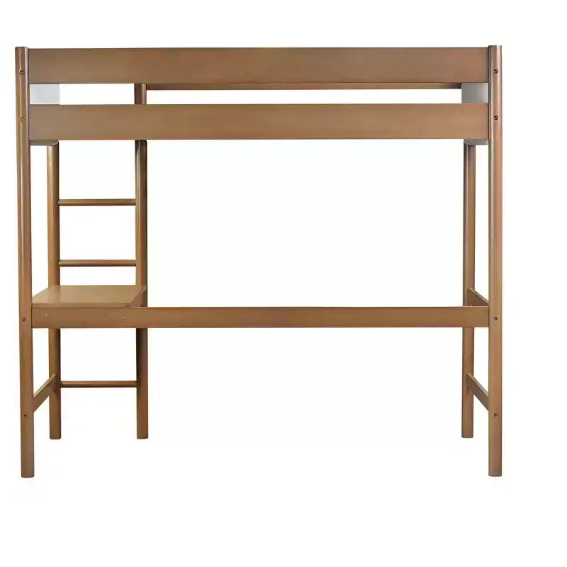 Letto a soppalco singolo Bellemave con scrivania, testiera e pediera imbottite in boucle Teddy, struttura in legno di gomma, scaletta e sponde di sicurezza, colore naturale