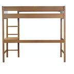 Letto a soppalco singolo Bellemave con scrivania, testiera e pediera imbottite in boucle Teddy, struttura in legno di gomma, scaletta e sponde di sicurezza, colore naturale