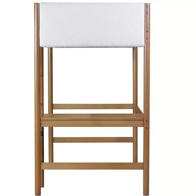 Letto a soppalco singolo Bellemave con scrivania, testiera e pediera imbottite in boucle Teddy, struttura in legno di gomma, scaletta e sponde di sicurezza, colore naturale