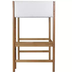 Letto a soppalco singolo Bellemave con scrivania, testiera e pediera imbottite in boucle Teddy, struttura in legno di gomma, scaletta e sponde di sicurezza, colore naturale