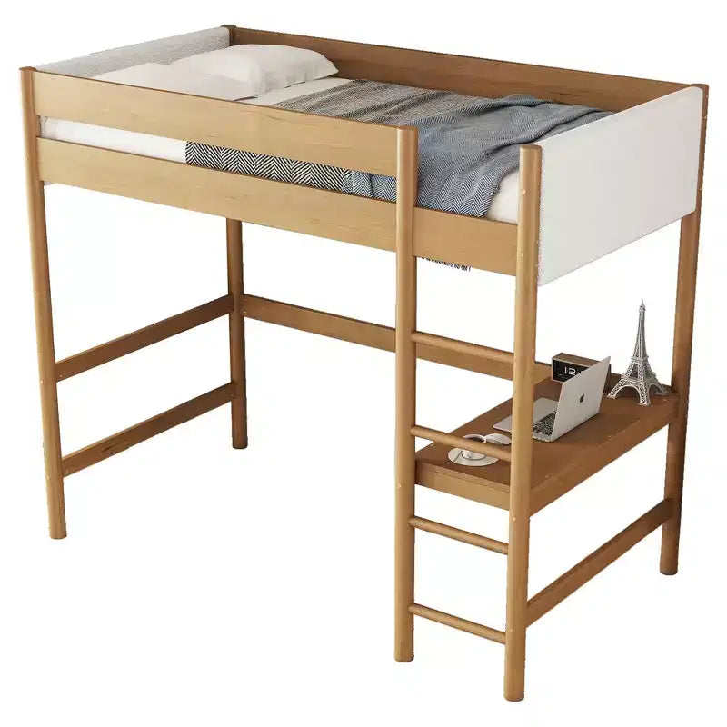 Letto a soppalco singolo Bellemave con scrivania, testiera e pediera imbottite in boucle Teddy, struttura in legno di gomma, scaletta e sponde di sicurezza, colore naturale