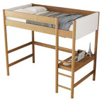 Letto a soppalco singolo Bellemave con scrivania, testiera e pediera imbottite in boucle Teddy, struttura in legno di gomma, scaletta e sponde di sicurezza, colore naturale