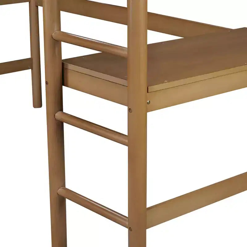 Letto a soppalco singolo Bellemave con scrivania, testiera e pediera imbottite in boucle Teddy, struttura in legno di gomma, scaletta e sponde di sicurezza, colore naturale