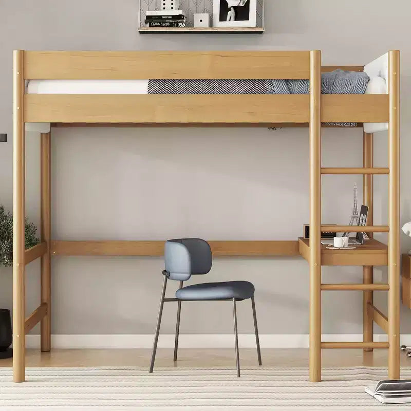 Letto a soppalco singolo Bellemave con scrivania, testiera e pediera imbottite in boucle Teddy, struttura in legno di gomma, scaletta e sponde di sicurezza, colore naturale