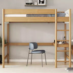 Letto a soppalco singolo Bellemave con scrivania, testiera e pediera imbottite in boucle Teddy, struttura in legno di gomma, scaletta e sponde di sicurezza, colore naturale