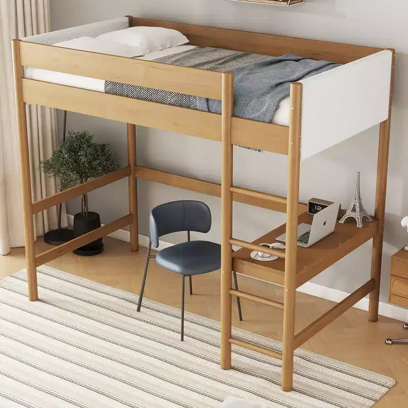 Letto a soppalco singolo Bellemave con scrivania, testiera e pediera imbottite in boucle Teddy, struttura in legno di gomma, scaletta e sponde di sicurezza, colore naturale