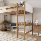Letto a soppalco singolo Bellemave con scrivania, testiera e pediera imbottite in boucle Teddy, struttura in legno di gomma, scaletta e sponde di sicurezza, colore naturale