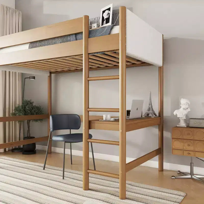 Letto a soppalco singolo Bellemave con scrivania, testiera e pediera imbottite in boucle Teddy, struttura in legno di gomma, scaletta e sponde di sicurezza, colore naturale