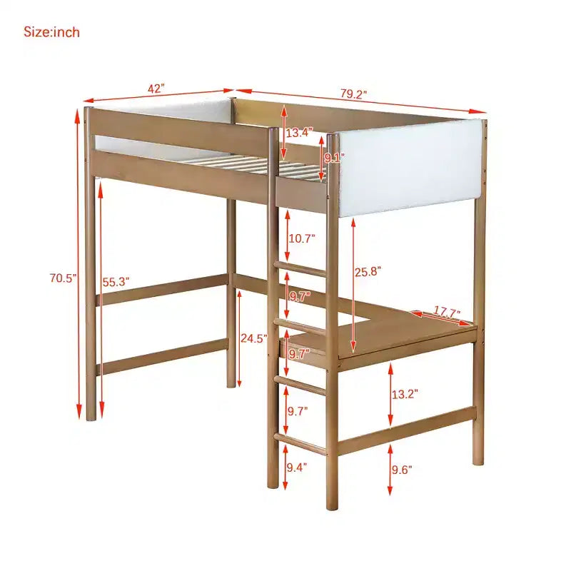 Letto a soppalco singolo Bellemave con scrivania, testiera e pediera imbottite in boucle Teddy, struttura in legno di gomma, scaletta e sponde di sicurezza, colore naturale