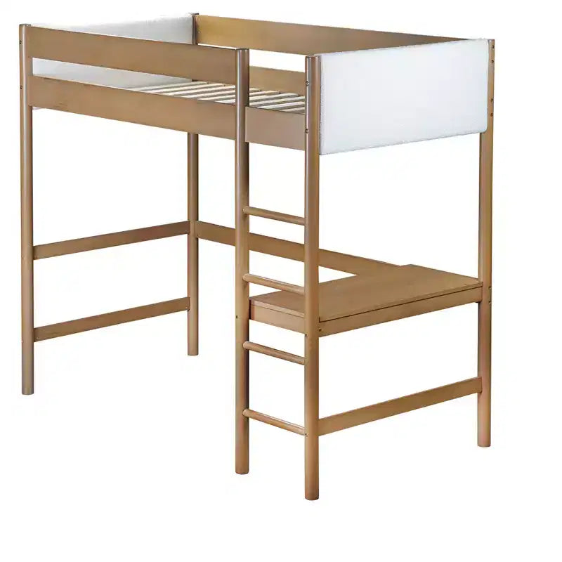 Letto a soppalco singolo Bellemave con scrivania, testiera e pediera imbottite in boucle Teddy, struttura in legno di gomma, scaletta e sponde di sicurezza, colore naturale