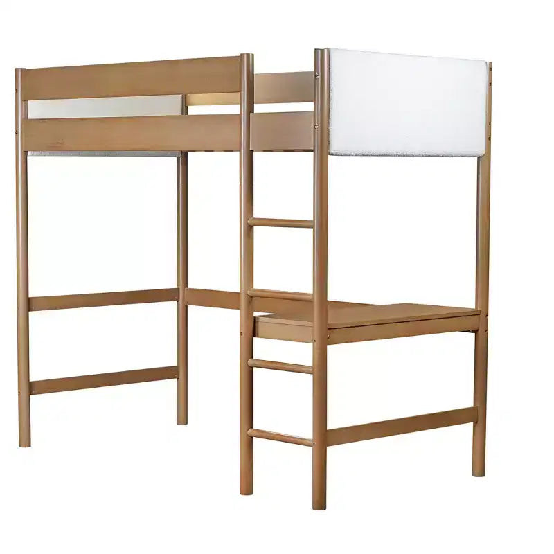 Letto a soppalco singolo Bellemave con scrivania, testiera e pediera imbottite in boucle Teddy, struttura in legno di gomma, scaletta e sponde di sicurezza, colore naturale