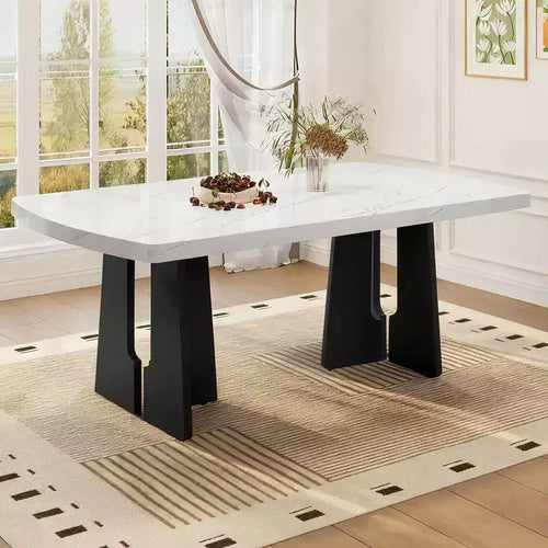 63 Modern Faux Marble Dining Table with Geometric Legs and Sturdy Construction