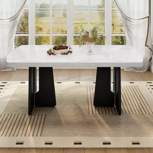 63 Table à manger moderne effet marbre avec pieds géométriques et construction robuste