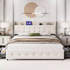 Struttura letto con 4 cassetti contenitore, piattaforma imbottita in velluto, supporto da 450 kg, beige, UNA PIAZZA E MEZZA