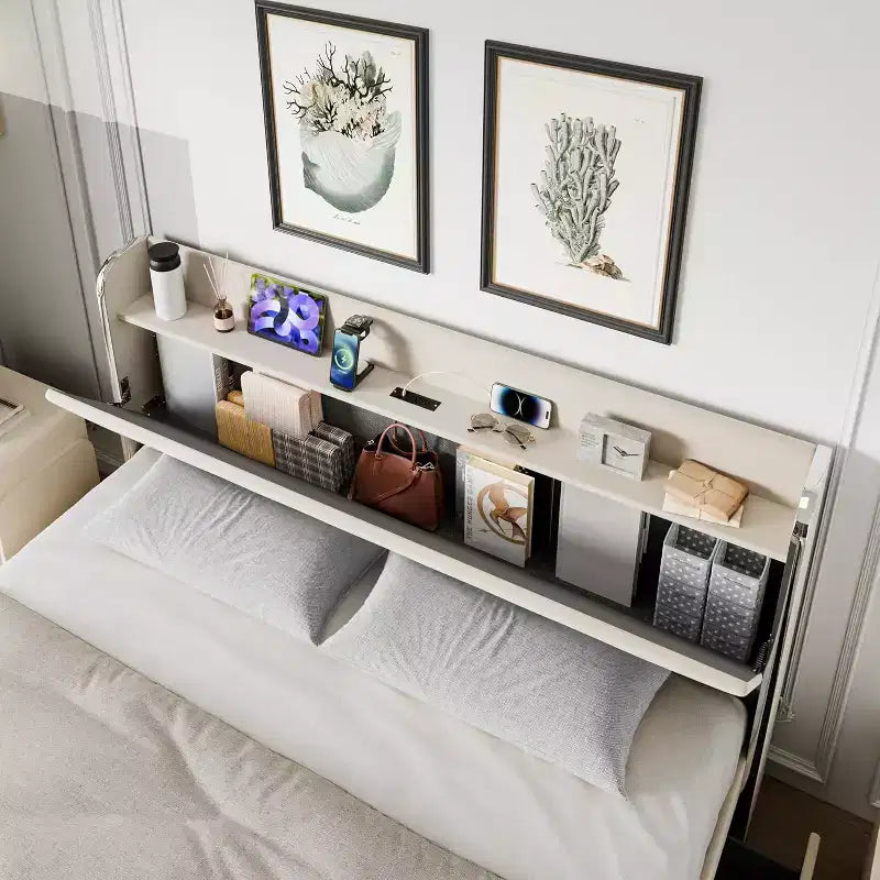 Struttura letto con 4 cassetti contenitore, piattaforma imbottita in velluto, supporto da 450 kg, beige, UNA PIAZZA E MEZZA