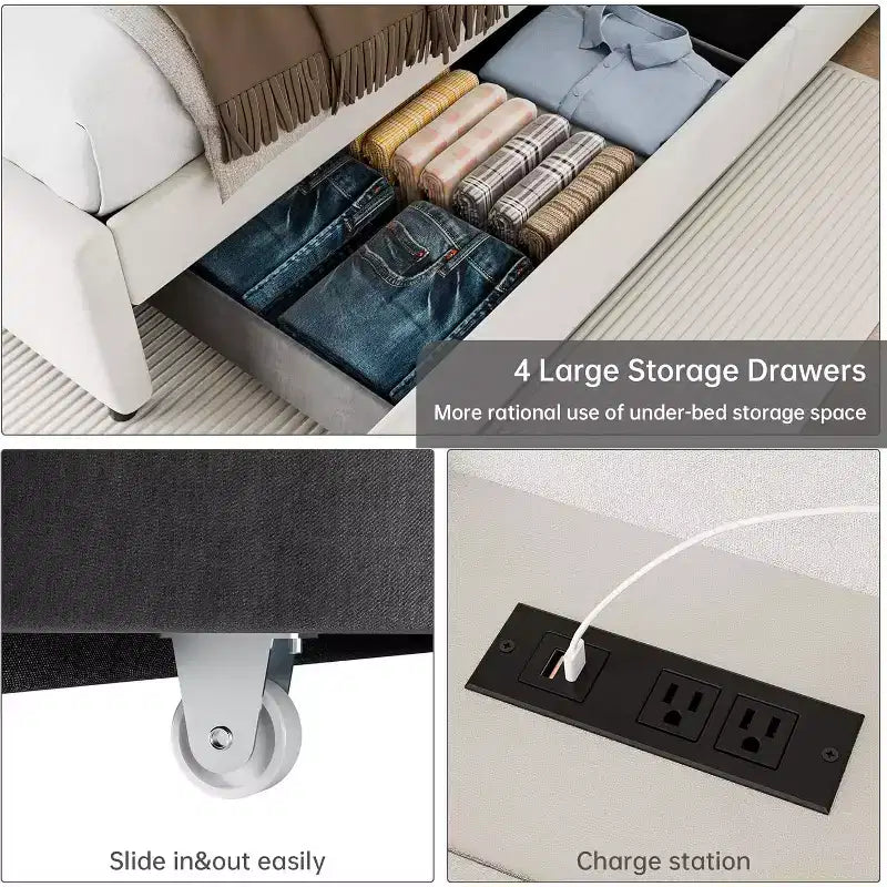 Struttura letto con 4 cassetti contenitore, piattaforma imbottita in velluto, supporto da 450 kg, beige, UNA PIAZZA E MEZZA