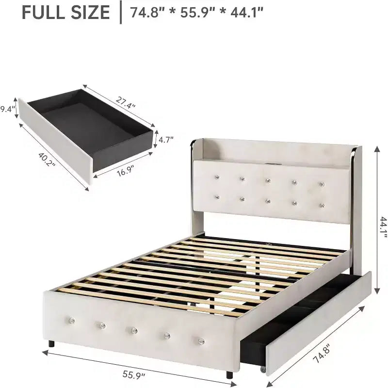 Struttura letto con 4 cassetti contenitore, piattaforma imbottita in velluto, supporto da 450 kg, beige, UNA PIAZZA E MEZZA