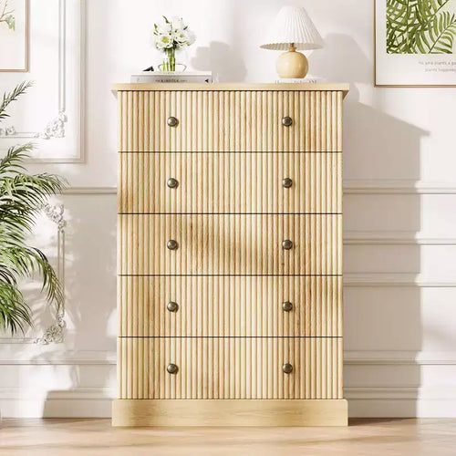 5 Drawer Tall Dresser for Bedroom, Fluted Vertical Chest of Drawers, Wood Storage Dresser with Handles, Space Saving Dresser for Apartment Guest Room