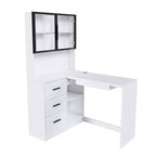 Scrivania JVNOXK con mobile in vetro e illuminazione LED integrata, scrivania angolare a L, con porte di ricarica USB e vassoio per tastiera, bianca