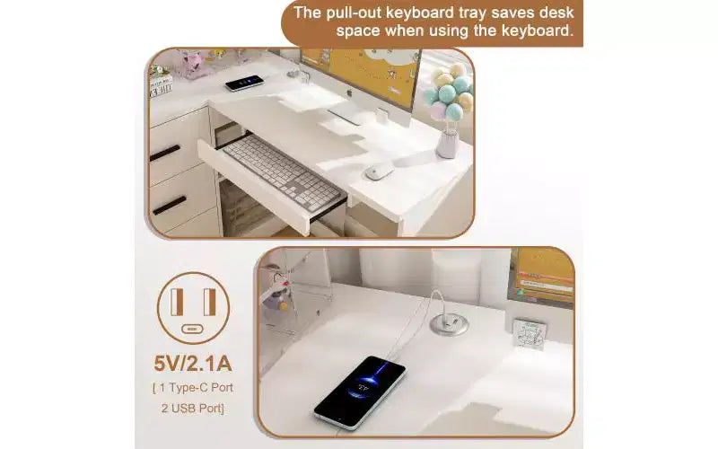 Scrivania JVNOXK con mobile in vetro e illuminazione LED integrata, scrivania angolare a L, con porte di ricarica USB e vassoio per tastiera, bianca
