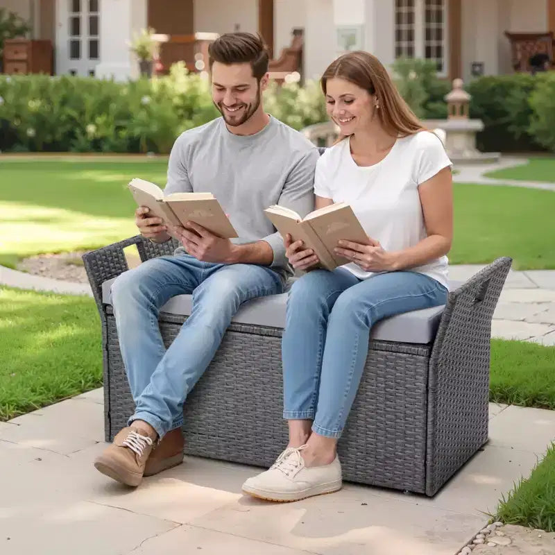 Panca contenitore da esterno VEVOR, panca contenitore in rattan PE per 2 persone, contenitore da esterno da 150 litri con cuscino e maniglia laterale, supporta fino a 180 kg, grigio