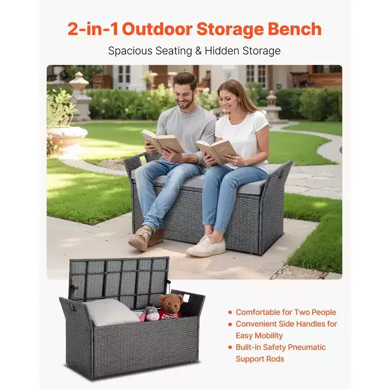 Panca contenitore da esterno VEVOR, panca contenitore in rattan PE per 2 persone, contenitore da esterno da 150 litri con cuscino e maniglia laterale, supporta fino a 180 kg, grigio