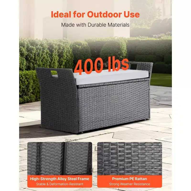 Panca contenitore da esterno VEVOR, panca contenitore in rattan PE per 2 persone, contenitore da esterno da 150 litri con cuscino e maniglia laterale, supporta fino a 180 kg, grigio