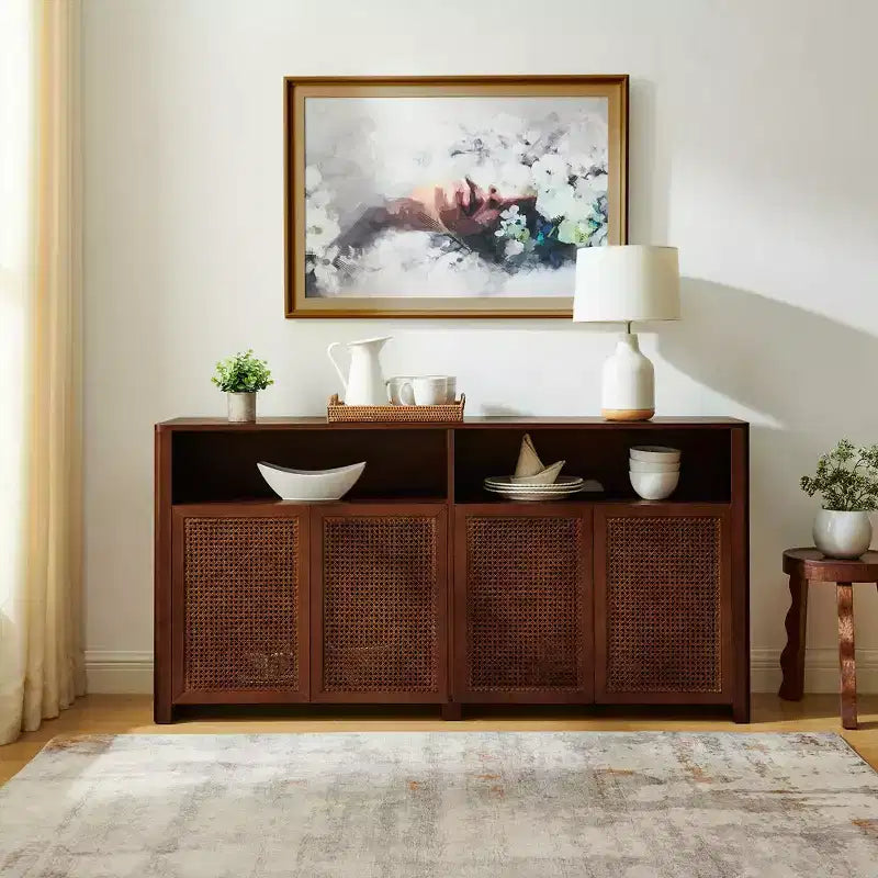 JVNOXK 63-inch Mid-Century Modern Rattan Sideboard with Storage, Vintage Wine Cabinet, Suitable for Living Room or Kitchen, Walnut
