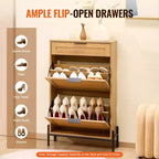 Scarpiera in rattan per ingresso stretto con 2 cassetti a ribalta, cassetto scorrevole, gambe in metallo, stile boho, può contenere 12 paia di scarpe