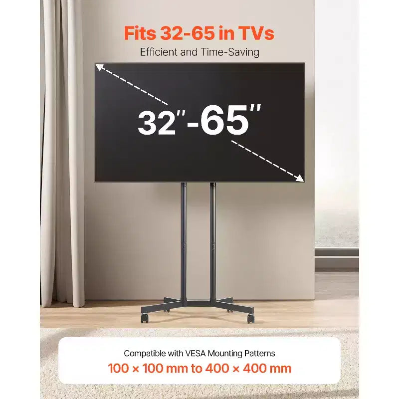 Supporto TV VEVOR su ruote, Carrello TV mobile per schermi da 32-65 pollici, Regolabile in altezza, Supporto monitor portatile con ruote, Capacità di carico fino a 40 kg, Nero