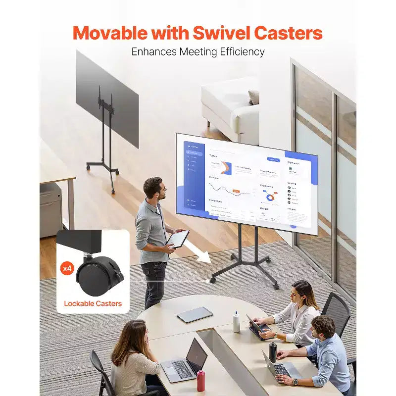 Supporto TV VEVOR su ruote, Carrello TV mobile per schermi da 32-65 pollici, Regolabile in altezza, Supporto monitor portatile con ruote, Capacità di carico fino a 40 kg, Nero