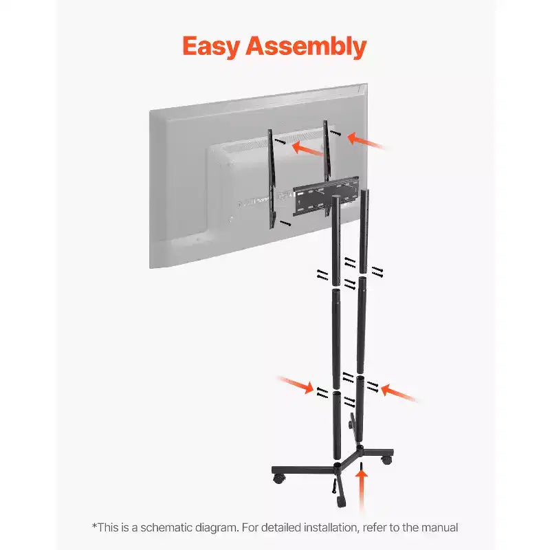 Supporto TV VEVOR su ruote, Carrello TV mobile per schermi da 32-65 pollici, Regolabile in altezza, Supporto monitor portatile con ruote, Capacità di carico fino a 40 kg, Nero