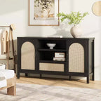Meuble Buffet, Bahut de Rangement en Rotin de 150 cm avec Étagères Réglables et Tiroir, Noir Style Bohème Ferme