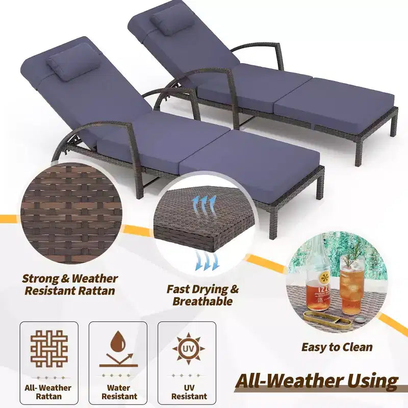 Coolmee Set di 2 Lettini Reclinabili Pieghevoli in Rattan da Esterno, Sdraio da Giardino con Schienale Regolabile in 5 Posizioni e Cuscino, Ideali per Patio e Piscina