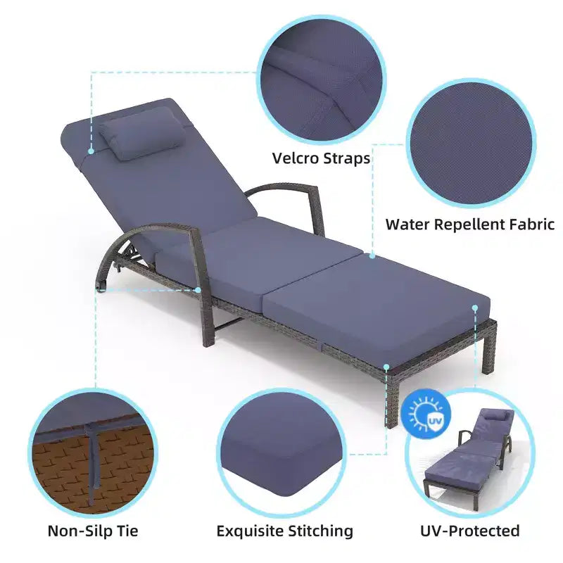 Coolmee Set di 2 Lettini Reclinabili Pieghevoli in Rattan da Esterno, Sdraio da Giardino con Schienale Regolabile in 5 Posizioni e Cuscino, Ideali per Patio e Piscina
