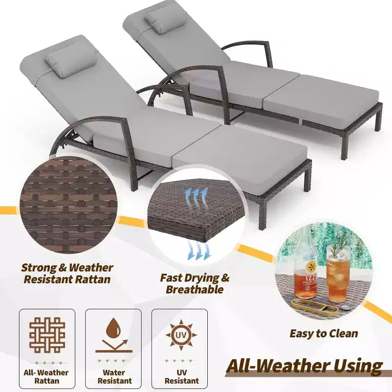 Coolmee Set di 2 Lettini Reclinabili Pieghevoli in Rattan da Esterno, Sdraio da Giardino con Schienale Regolabile in 5 Posizioni e Cuscino, Ideali per Patio e Piscina
