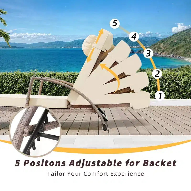 Coolmee Set di 2 Lettini Reclinabili Pieghevoli in Rattan da Esterno, Sdraio da Giardino con Schienale Regolabile in 5 Posizioni e Cuscino, Ideali per Patio e Piscina